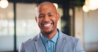 Buy stock photo Happy, professional and portrait of business black man in office for real estate agent, about us and pride. Smile, property developer and confidence with employee in agency for realtor and consultant