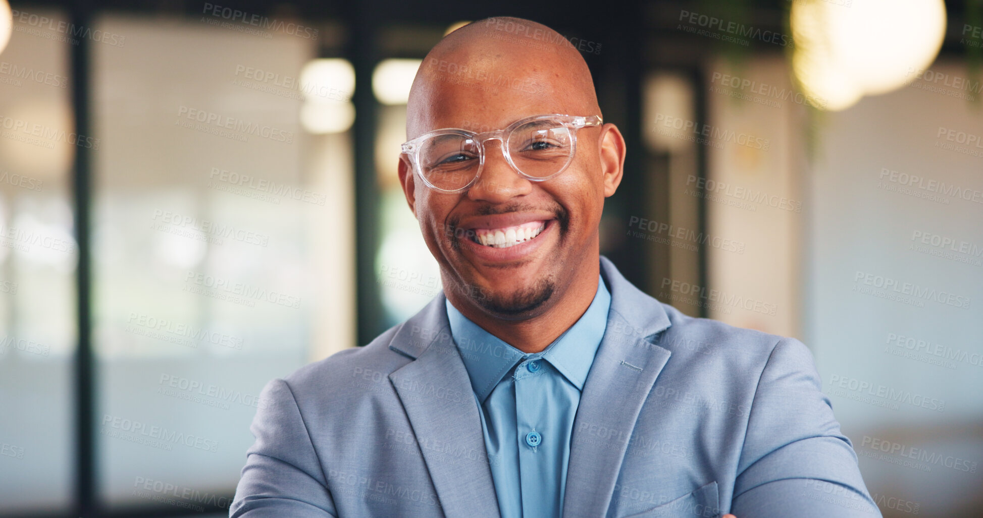 Buy stock photo Glasses, professional and portrait of business black man in office for real estate agent, about us and pride. Happy, property developer and confidence with employee for realtor and consultant