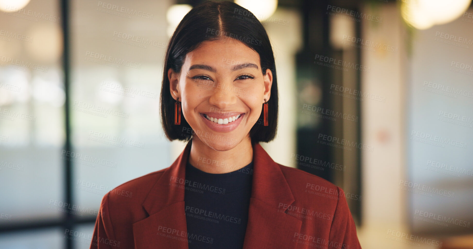 Buy stock photo Smile, creative and portrait of business woman in office for magazine editor, about us and pride. Confidence, publishing agent and startup with employee in agency for entrepreneur and career growth