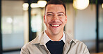 Smile, creative and portrait of business man in office for magazine editor, about us and pride. Confidence, publishing agent and startup with employee in agency for entrepreneur and career growth