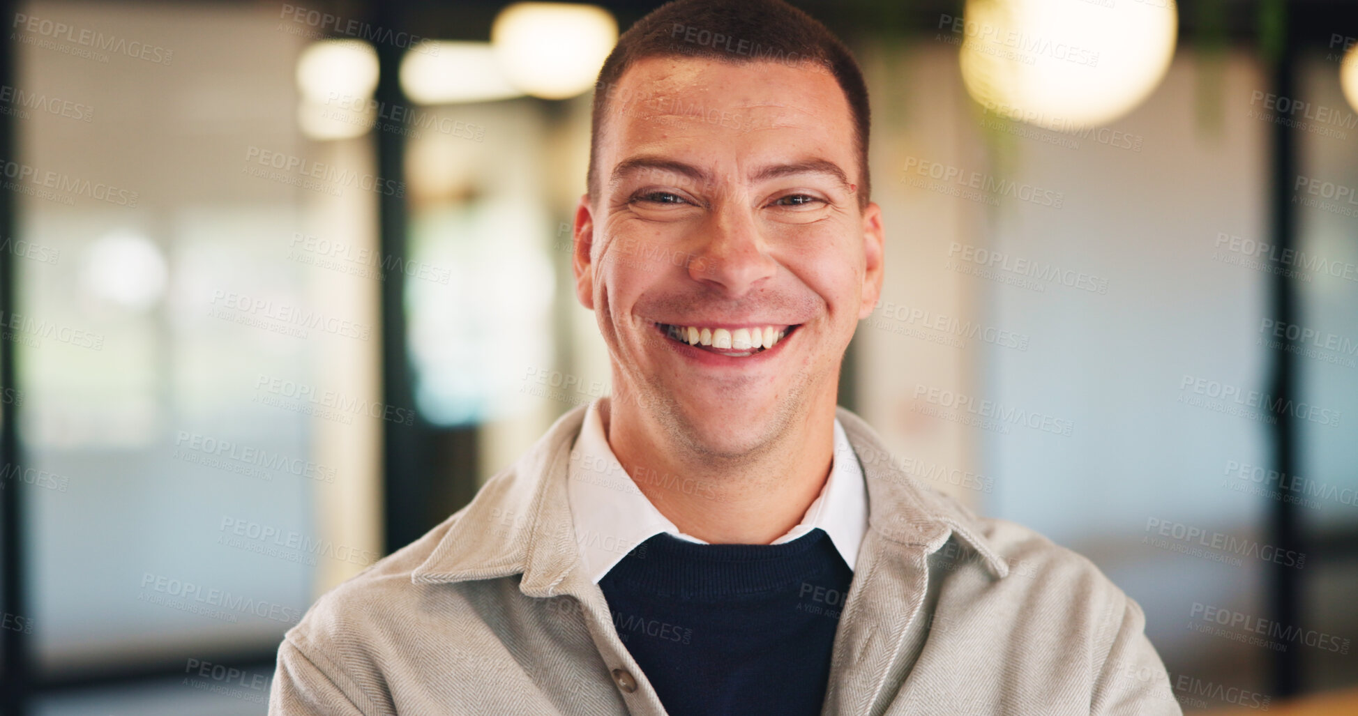Buy stock photo Smile, creative and portrait of business man in office for magazine editor, about us and pride. Confidence, publishing agent and startup with employee in agency for entrepreneur and career growth
