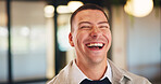 Laughing, professional and business man in office for account profit, confidence and funny joke. Happiness, portfolio target and pride with employee in agency for comedy, consultant and smile