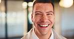 Laughing, professional and portrait of business man in office for real estate agent, about us and pride. Happy, property developer and confidence with employee in agency for realtor and funny joke