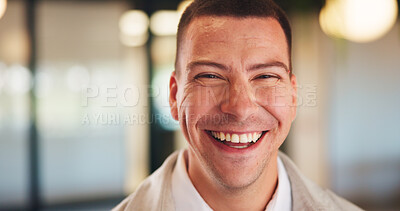 Buy stock photo Laughing, professional and portrait of business man in office for real estate agent, about us and pride. Happy, property developer and confidence with employee in agency for realtor and funny joke