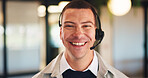 Consultant, portrait or happy man with headset in office for online advice or telecommunications. Male person, friendly agent or smile with mic for virtual assistance, support or help in call center
