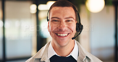 Buy stock photo Consultant, portrait or happy man with headset in office for online advice or telecommunications. Male person, friendly agent or smile with mic for virtual assistance, support or help in call center