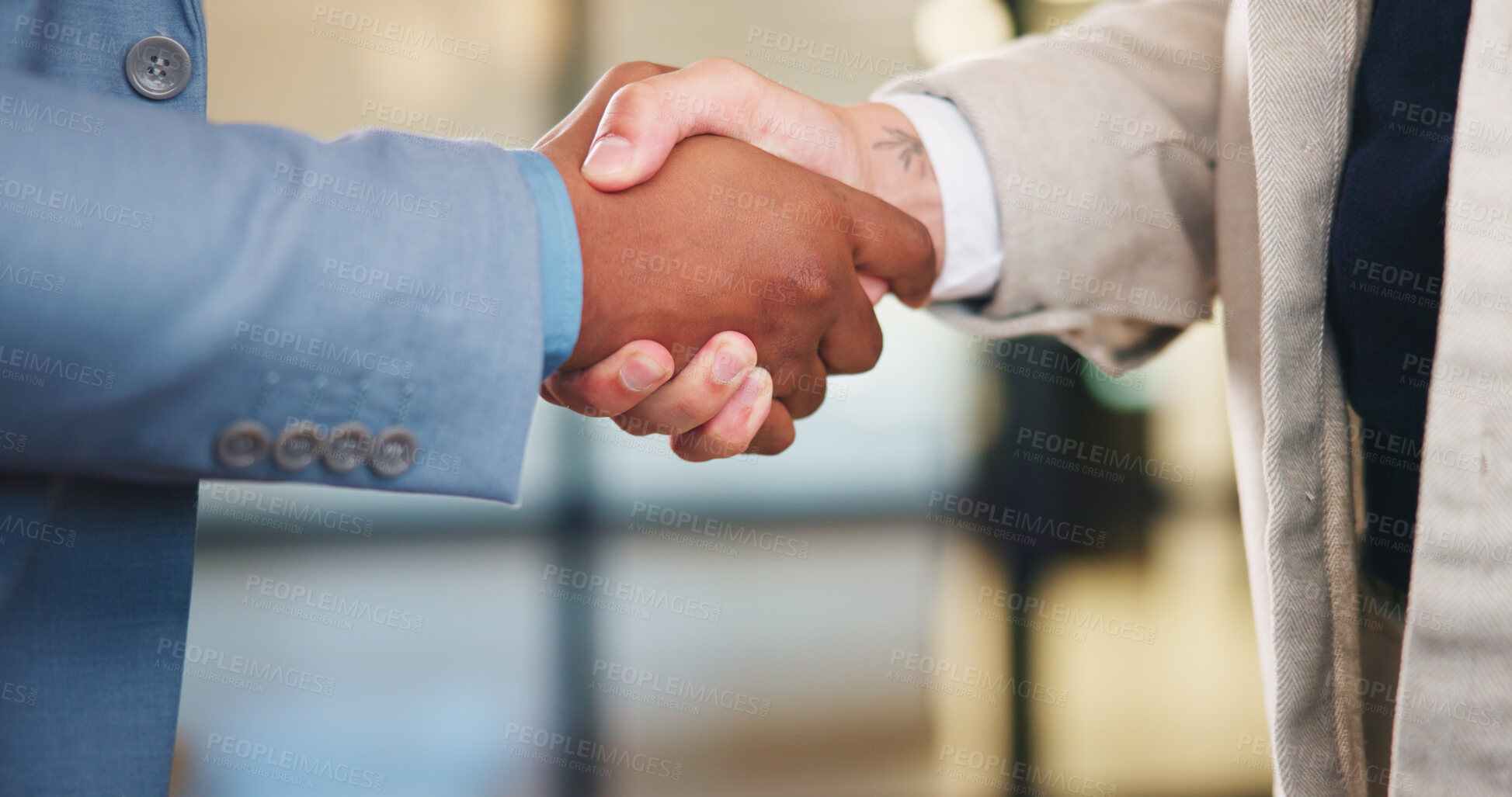 Buy stock photo Handshake, meeting and business people with greeting for partnership, deal or agreement together. Employees, colleagues or shaking hands with b2b for introduction, confirmation or teamwork in office