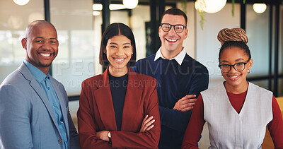 Buy stock photo Smile, team and portrait of business people in office for confidence, about us or marketing agency. Pride, creative consultant or happy with employees in startup for solidarity, partner and community