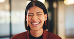 Smile, laughing and creative with business woman in office for magazine editor, about us and pride. Confidence, publishing agent and startup with employee in agency for entrepreneur and funny joke