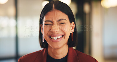 Buy stock photo Smile, laughing and creative with business woman in office for magazine editor, about us and pride. Confidence, publishing agent and startup with employee in agency for entrepreneur and funny joke