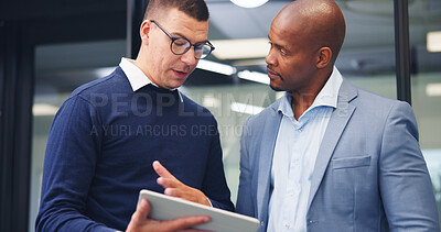 Buy stock photo Businessmen, tablet and discussion with proposal in office for business idea, tasks or agenda. Male people, employees or colleagues with technology for planning or project brainstorming in workplace