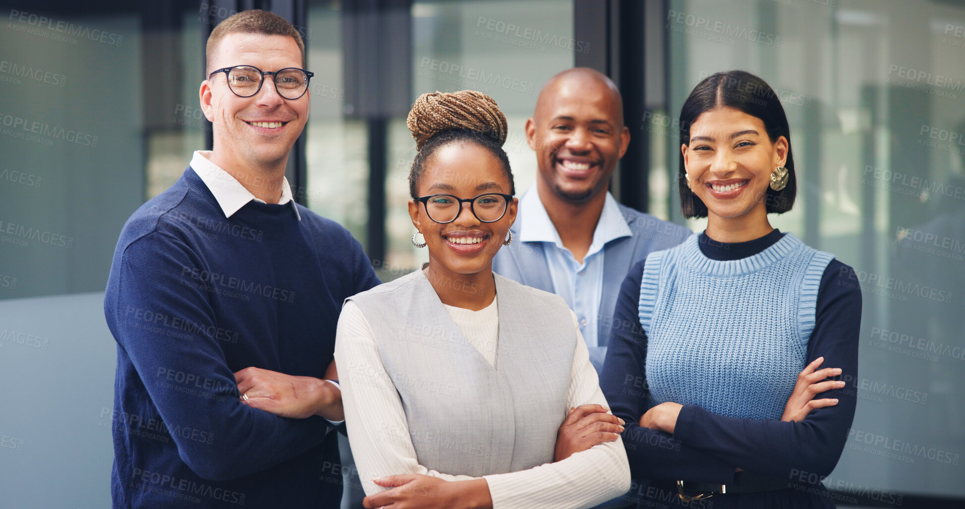 Buy stock photo Arms crossed, portrait and happy with business people in office for diversity, financial advisor and pride. About us, account manager and confidence with employees in agency for support and team