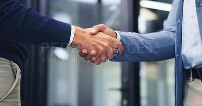 Buy stock photo Business people, shaking hands and agreement at office, success or motivation at property development. Staff, handshake and partnership with broker, realtor and congratulations for deal at agency
