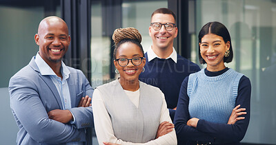 Buy stock photo Portrait, smile and business people outdoor with arms crossed, collaboration and marketing management. Happy, coworkers and leadership with confidence, solidarity and teamwork for advertising agency.