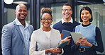 Realtor, portrait or team in office with smile, pride or solidarity in property development. People, diverse or real estate staff in workplace with tablet, about us or confidence in housing industry.