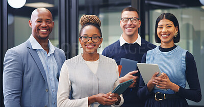 Buy stock photo Realtor, portrait or team in office with smile, pride or solidarity in property development. People, diverse or real estate staff in workplace with tablet, about us or confidence in housing industry.