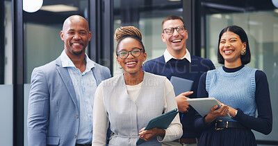 Buy stock photo Happy, portrait and business people laughing in office for humor, comedy or about us. Excited, group or employees with tablet, smile or funny joke for friendly work environment or unity in workplace