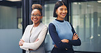 Realtor, portrait or team in office with arms crossed, pride or synergy in property management. Happy, women or real estate staff in agency with confidence, about us or solidarity in housing market.
