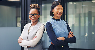 Buy stock photo Realtor, portrait or team in office with arms crossed, pride or synergy in property management. Happy, women or real estate staff in agency with confidence, about us or solidarity in housing market.