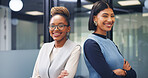 Realtor, portrait or team in agency with arms crossed, pride or synergy in property management. Smile, women or real estate staff in office with confidence, about us or solidarity in housing industry
