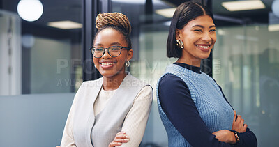 Buy stock photo Realtor, portrait or team in agency with arms crossed, pride or synergy in property management. Smile, women or real estate staff in office with confidence, about us or solidarity in housing industry