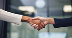 Business people, shaking hands and partner at office, success or motivation at property development. Staff, handshake and agreement with agent, realtor and congratulations for deal at agency
