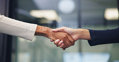 Buy stock photo Business people, shaking hands and partner at office, success or motivation at property development. Staff, handshake and agreement with agent, realtor and congratulations for deal at agency
