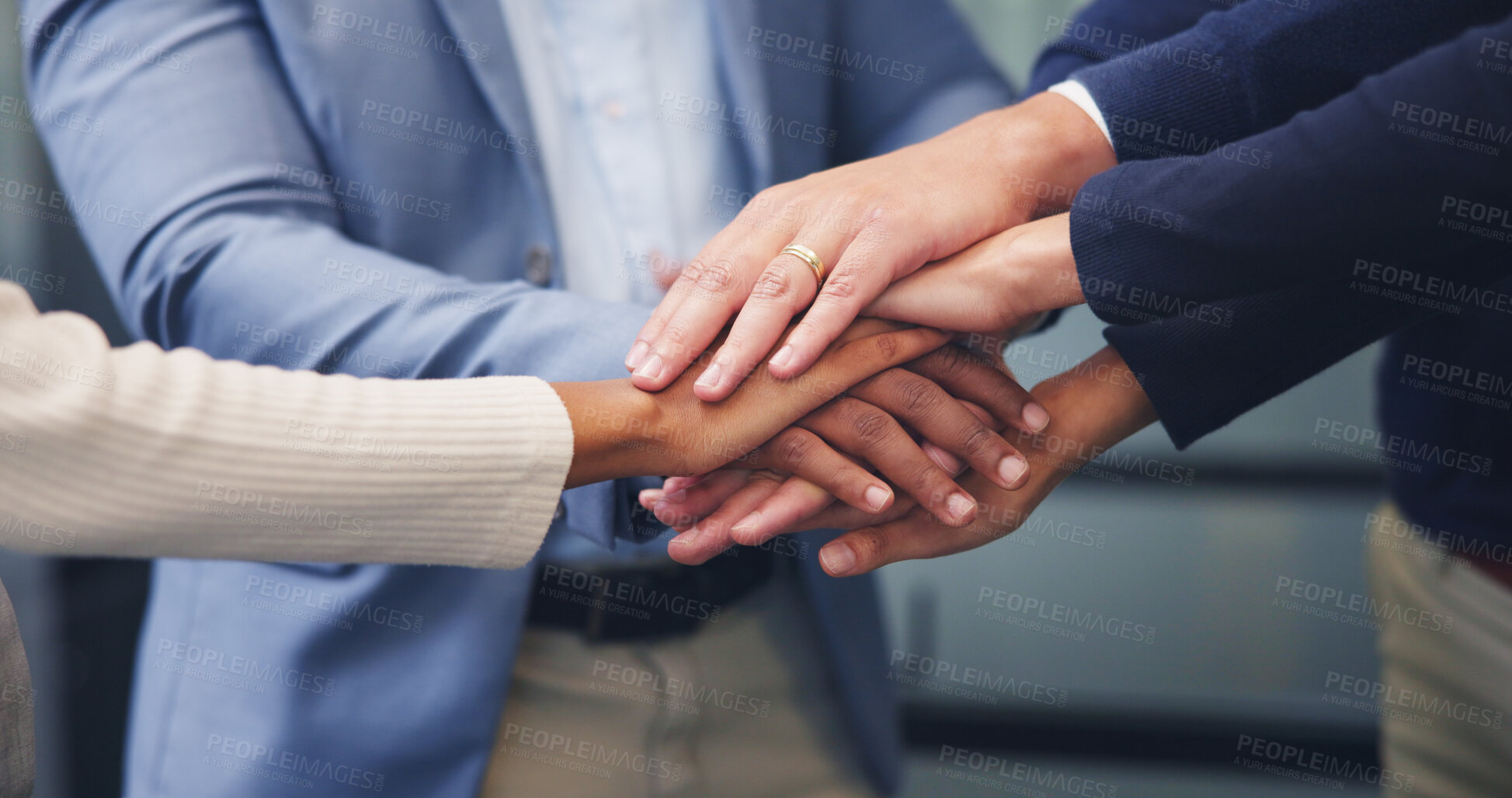 Buy stock photo People, group and stack hands at office for goals, motivation and success with staff, pile and circle with support, celebration and achievement for solidarity, agreement or synergy at finance agency