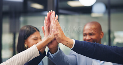 Buy stock photo Happy, meeting or business people with high five in office for winning, congratulations or teamwork. Excited, group or employees with hands together for corporate success, mission or achievement