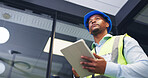 Technician, tablet and office with black man for security check, maintenance or inspection. Male person, contractor or engineer thinking with technology for building safety or compliance in workplace