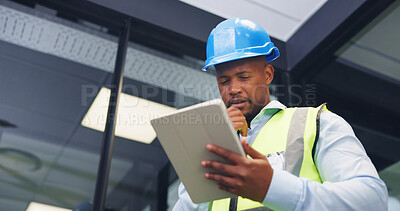 Buy stock photo Technician, thinking or black man with tablet for security check, maintenance or inspection. Male person, contractor or thoughtful engineer with technology for building safety or compliance in office