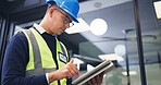 Man, technician and research with tablet in office for security check, maintenance or compliance. Male person, engineer or contractor monitoring safety regulations with technology for assurance
