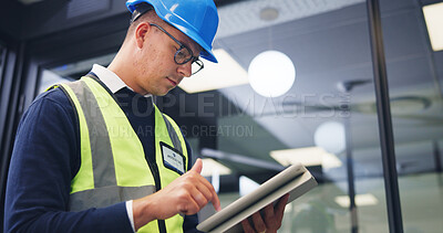 Buy stock photo Man, technician and research with tablet in office for security check, maintenance or compliance. Male person, engineer or contractor monitoring safety regulations with technology for assurance