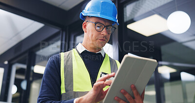 Buy stock photo Man, contractor or office with tablet for building maintenance, safety check or security. Male person, technician or engineer with technology or hard hat for installation or checklist in workplace