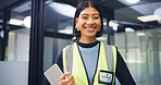 Portrait, technician and woman with tablet in office, hardware installation and pride for maintenance. Smile, professional and engineer with confidence for routine servicing, tech and system upgrade