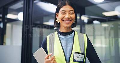 Buy stock photo Portrait, technician and woman with tablet in office, hardware installation and pride for maintenance. Smile, professional and engineer with confidence for routine servicing, tech and system upgrade