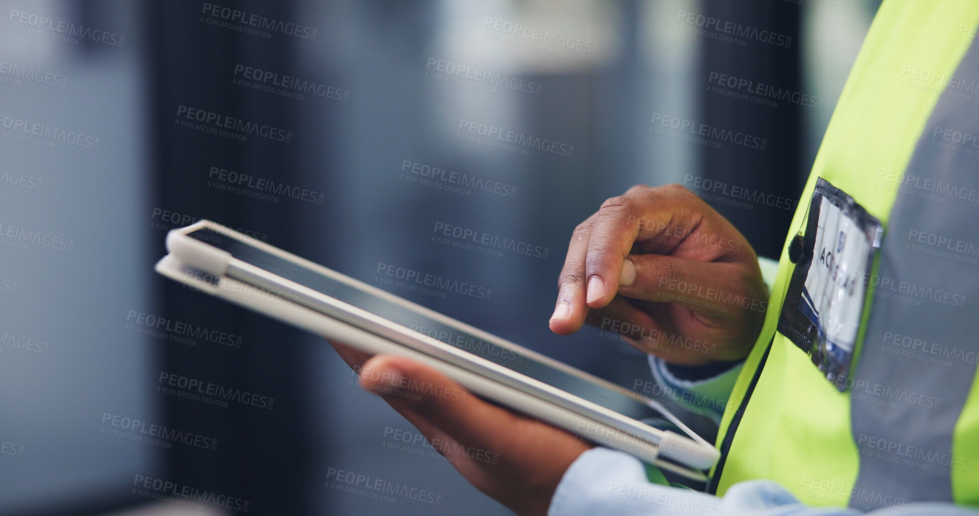 Buy stock photo Person, hands and contractor with tablet for maintenance, security check or compliance in office. Technician, engineer or research on technology for quality assurance or safety checklist in workplace