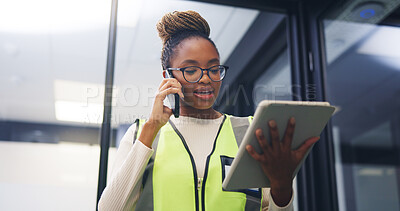 Buy stock photo Architect, woman and tablet in office with phone call, renovation design discussion or research idea. Low angle, black person and conversation with tech, contact or planning for architecture project.