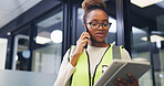 Architecture, woman and tablet in office with phone call, renovation design discussion and research. Architect, black person and conversation with tech, contact and planning for remodeling project.