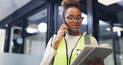 Buy stock photo Architecture, woman and tablet in office with phone call, renovation design discussion and research. Architect, black person and conversation with tech, contact and planning for remodeling project.