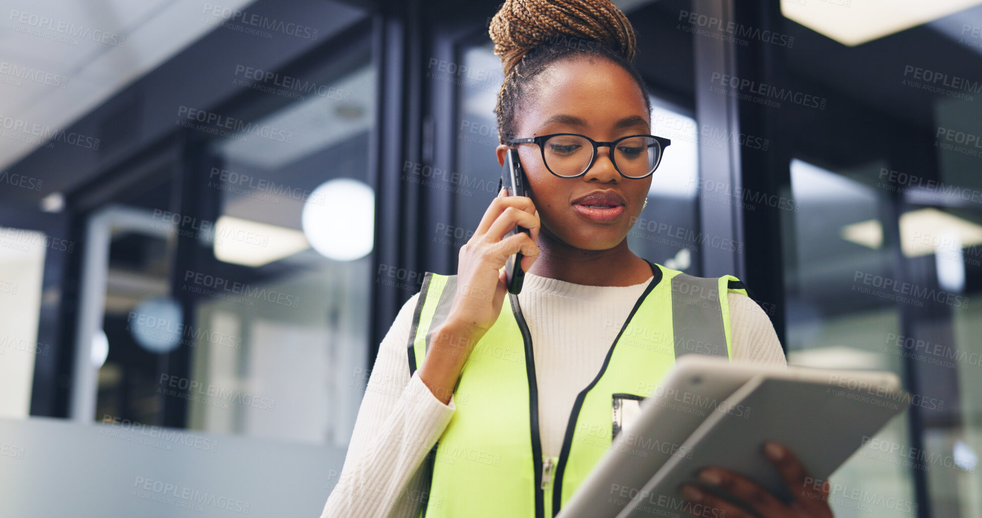 Buy stock photo Architecture, woman and tablet in office with phone call, renovation design discussion and research. Architect, black person and conversation with tech, contact and planning for remodeling project.
