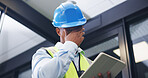Man, contractor and headache with tablet for maintenance issue, building mistake or compliance. Technician, engineer or migraine with technology or hard hat for safety crisis or deadline in workplace