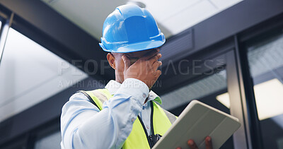 Buy stock photo Man, contractor and headache with tablet for maintenance issue, building mistake or compliance. Technician, engineer or migraine with technology or hard hat for safety crisis or deadline in workplace
