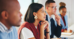 Meeting, listening or business woman in office, corporate training or learning in insurance agency. Sales workshop, agent or team with customer objection education, pitch mastery or upskill seminar