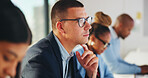 Meeting, listening and business man in workshop, corporate training and learning in insurance agency. Office, agent and team with customer objection education, sales pitch mastery and upskill seminar
