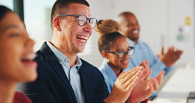 Buy stock photo Happy, businessman and applause in office with meeting, company success or achievement for sales goals. Person, team and clapping in workplace with smile, celebration or profit from revenue increase.