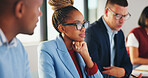 Meeting, listening or business woman in workshop, corporate training or learning in insurance agency. Office, attention or sales team with customer objection guidance, pitch advice or upskill seminar