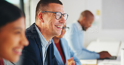 Buy stock photo Meeting, business or man with smile in office, corporate training or learning in insurance agency. Happy, listen or people with customer objection education, sales pitch workshop or upskill seminar