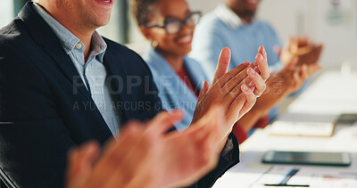 Buy stock photo Man, hands and applause in office with meeting, company success and achievement for revenue goals. Happy person, team and clapping in business with milestone, celebration or profit from sales growth.