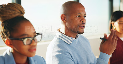 Buy stock photo Businessman, ideas and meeting with team in boardroom, discussion or planning for marketing strategy. Creative, business people and collaboration for ad campaign, talk and brainstorming in office